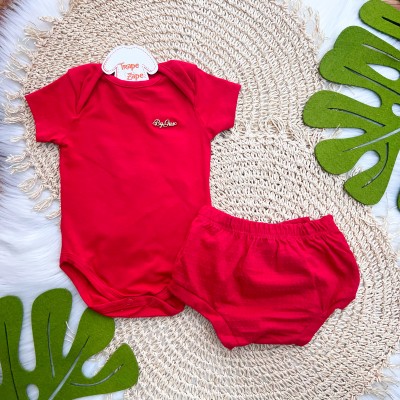 Conj. Body Manga Curta e Tapa Fralda Ana Bola com Laço - Vermelho